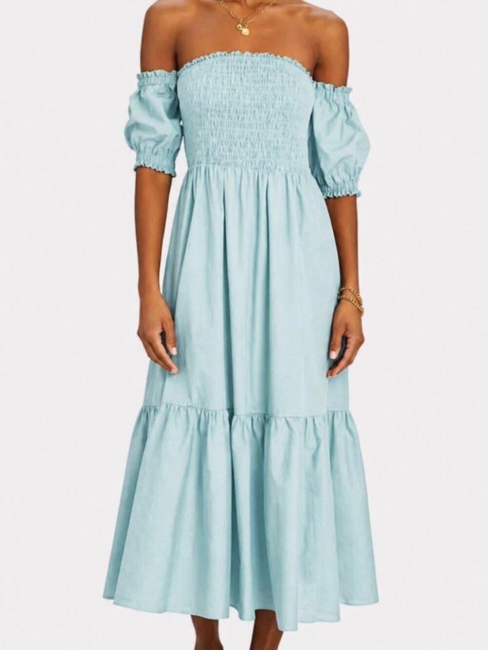 INTERMIX Aubrey Smocked Off The Shoulder Cotton Poplin Midi Dress
